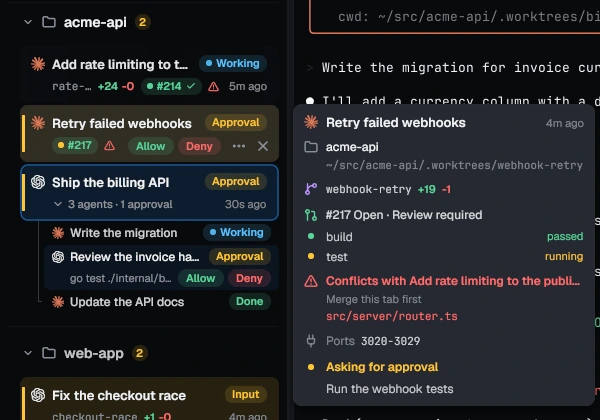 The hover card of the Retry failed webhooks tab: its pull request with one check passed and one running, a red warning that it conflicts with the rate limiting tab in src/server/router.ts, and its ports