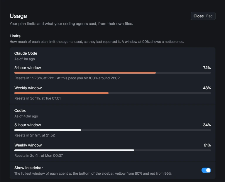 Settings, Usage: Claude Code's 5-hour window at 72% with the time it would reach 100%, its weekly window at 48%, and Codex's windows at 34% and 61%