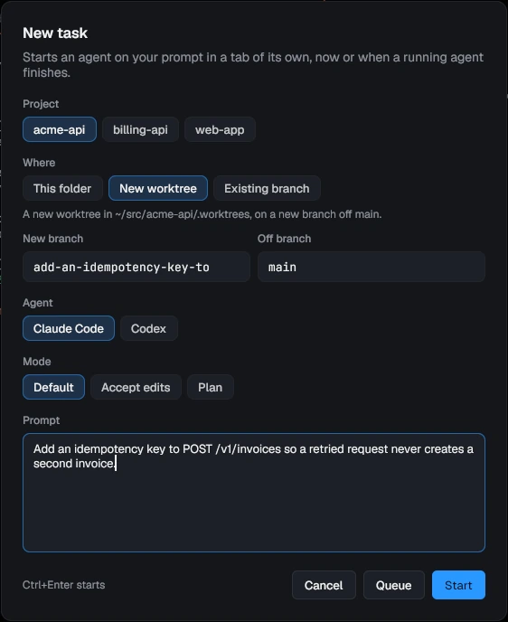The New task dialog: project acme-api, a new worktree on a branch named from the prompt, Claude Code in its default mode, and the prompt, with Queue and Start buttons