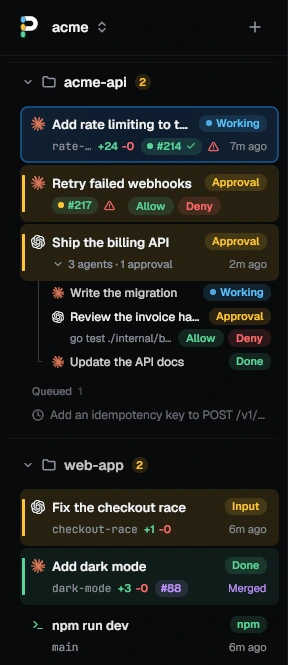 The sidebar: an acme-api group with tabs Working, Approval and a tab of three agents listed one per row, a queued task, and a web-app group with an Input tab and a merged Done tab